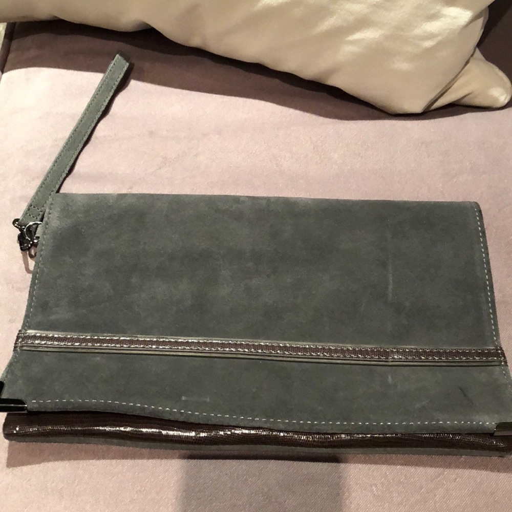 White House black market grey suede clutch with brown accents NWOT